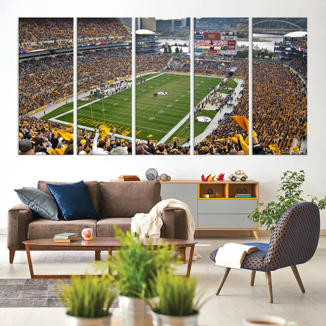 The Pittsburgh Steelers Football Team Print, featuring a packed Heinz Field stadium with fans clad in yellow, is displayed. This canvas print has a gallery-quality finish on premium material, adding a vibrant touch to your space.