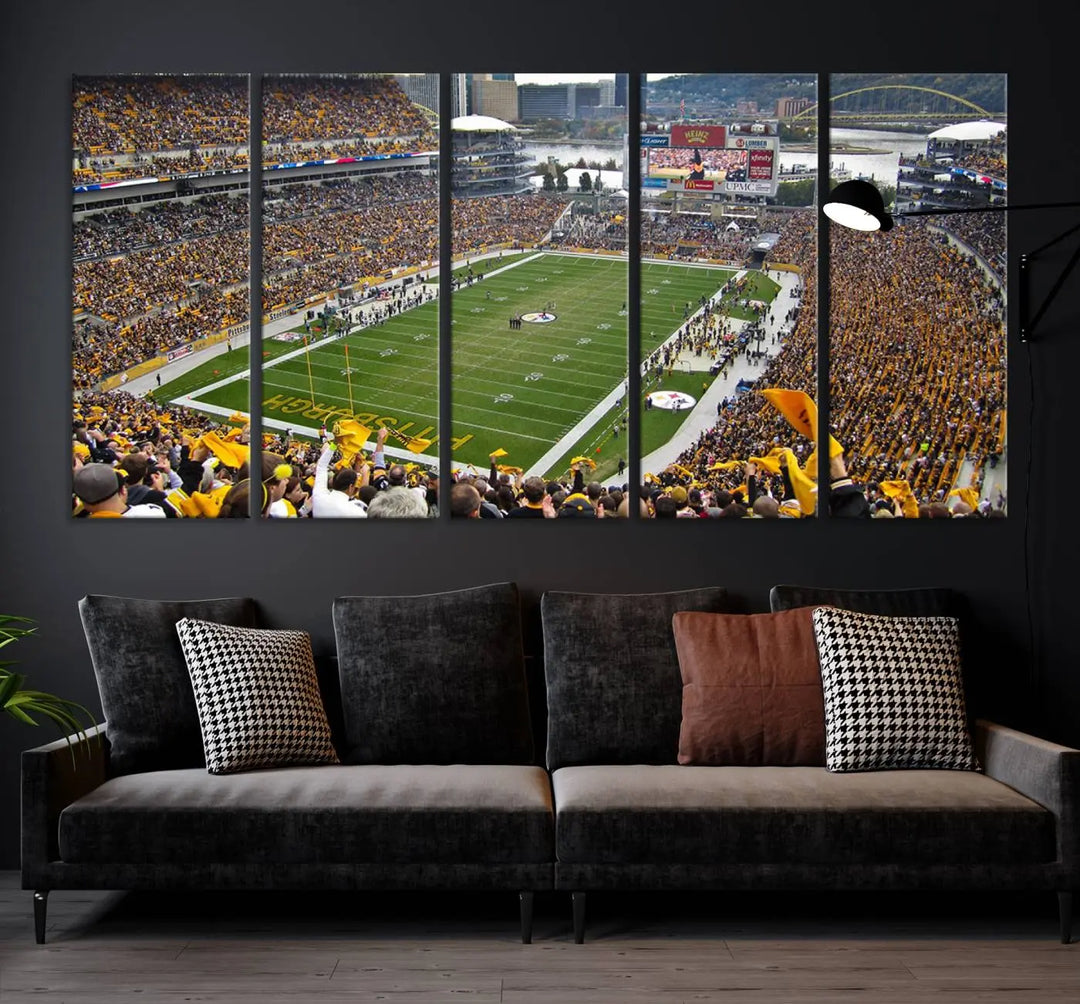 The Pittsburgh Steelers Football Team Print, featuring a packed Heinz Field stadium with fans clad in yellow, is displayed. This canvas print has a gallery-quality finish on premium material, adding a vibrant touch to your space.