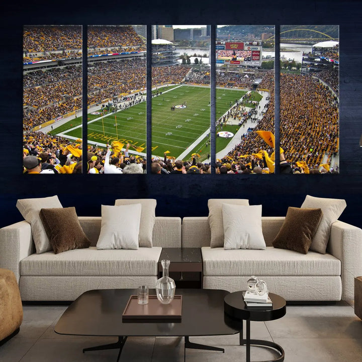 The Pittsburgh Steelers Football Team Print, featuring a packed Heinz Field stadium with fans clad in yellow, is displayed. This canvas print has a gallery-quality finish on premium material, adding a vibrant touch to your space.