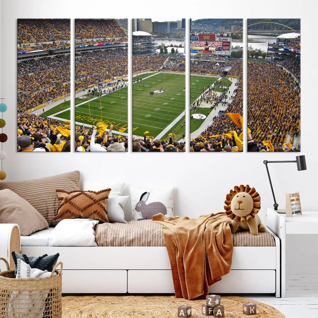 The Pittsburgh Steelers Football Team Print, featuring a packed Heinz Field stadium with fans clad in yellow, is displayed. This canvas print has a gallery-quality finish on premium material, adding a vibrant touch to your space.