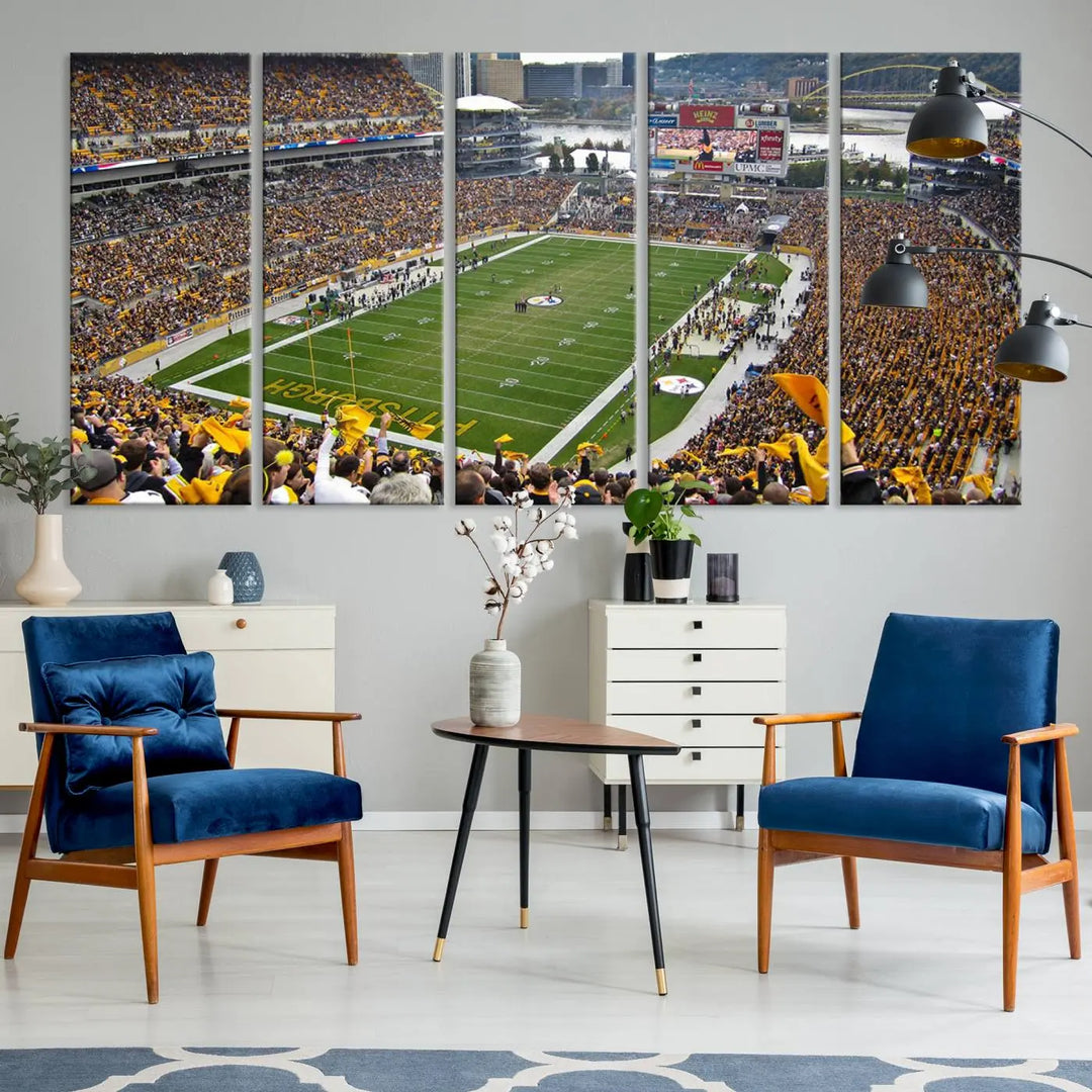 The Pittsburgh Steelers Football Team Print, featuring a packed Heinz Field stadium with fans clad in yellow, is displayed. This canvas print has a gallery-quality finish on premium material, adding a vibrant touch to your space.