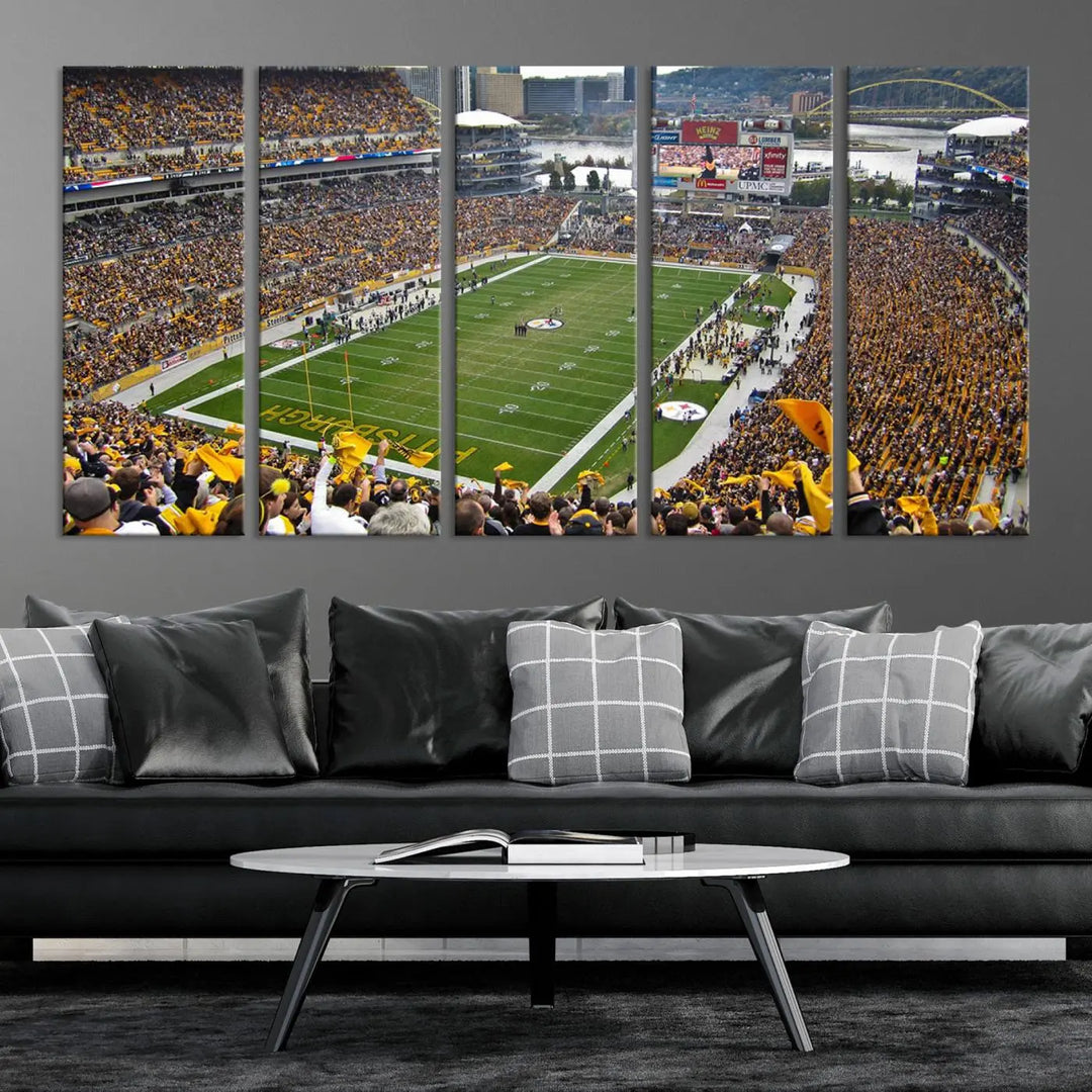 The Pittsburgh Steelers Football Team Print, featuring a packed Heinz Field stadium with fans clad in yellow, is displayed. This canvas print has a gallery-quality finish on premium material, adding a vibrant touch to your space.