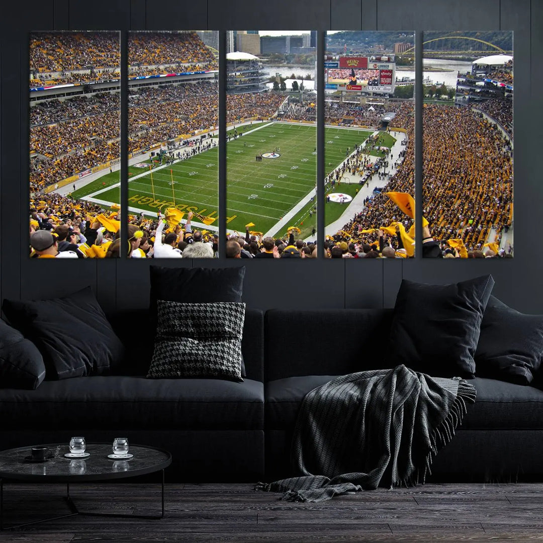 The Pittsburgh Steelers Football Team Print, featuring a packed Heinz Field stadium with fans clad in yellow, is displayed. This canvas print has a gallery-quality finish on premium material, adding a vibrant touch to your space.