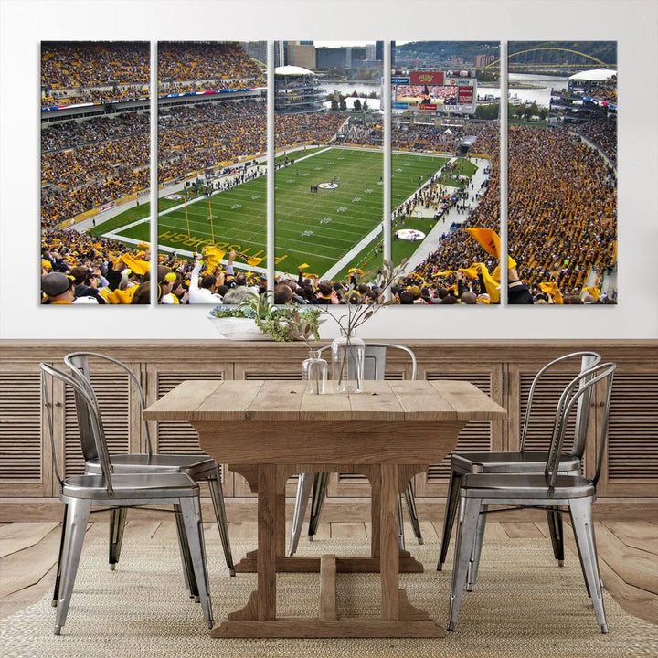 The Pittsburgh Steelers Football Team Print, featuring a packed Heinz Field stadium with fans clad in yellow, is displayed. This canvas print has a gallery-quality finish on premium material, adding a vibrant touch to your space.