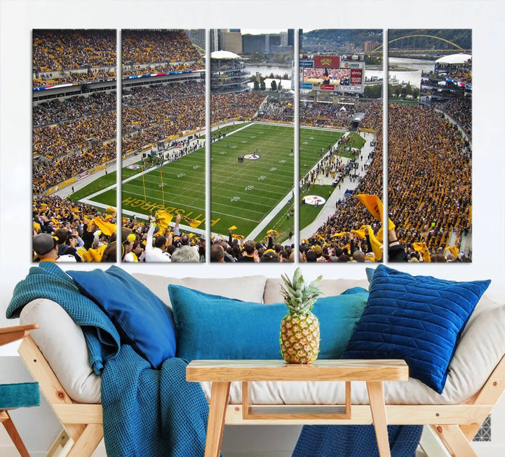 The Pittsburgh Steelers Football Team Print, featuring a packed Heinz Field stadium with fans clad in yellow, is displayed. This canvas print has a gallery-quality finish on premium material, adding a vibrant touch to your space.