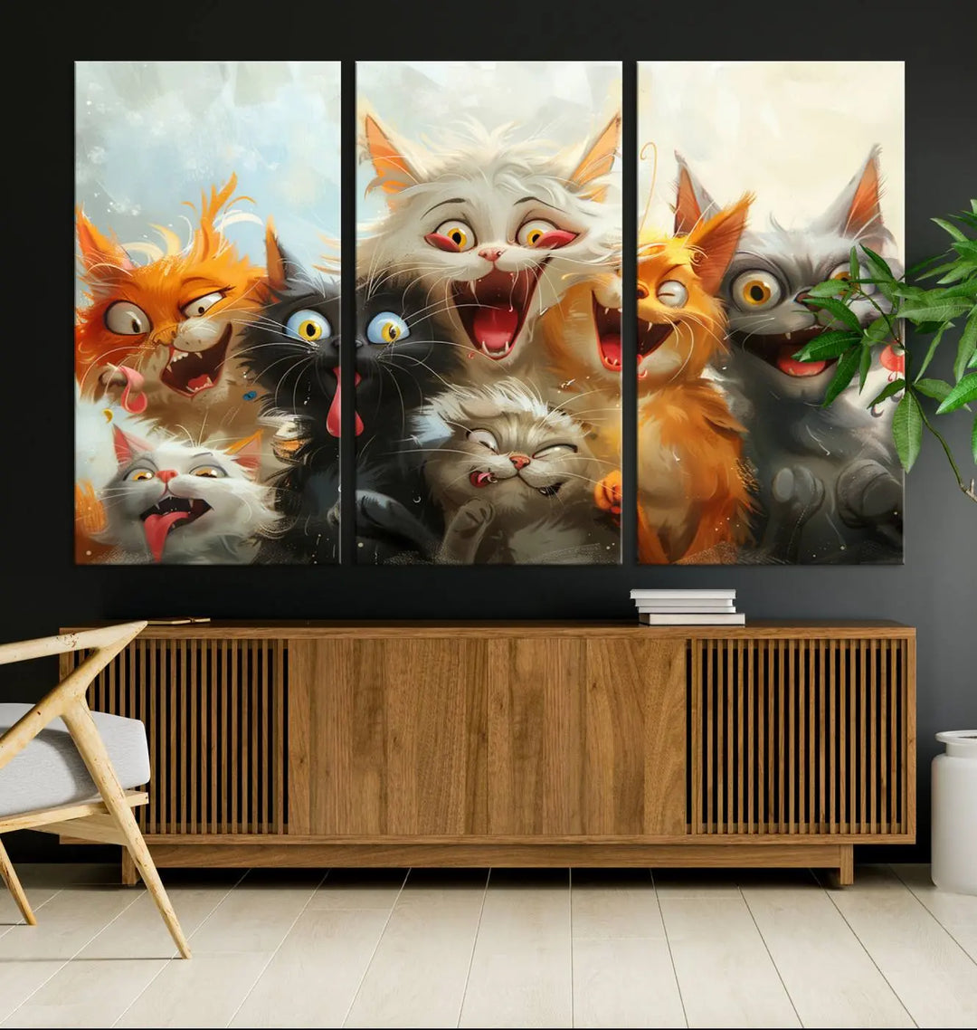 The Pixar Cats Wall Art Canvas Print, featuring a trio of Fanny Cat images in vibrant, comic cartoon style, decorates the space with museum-quality flair.