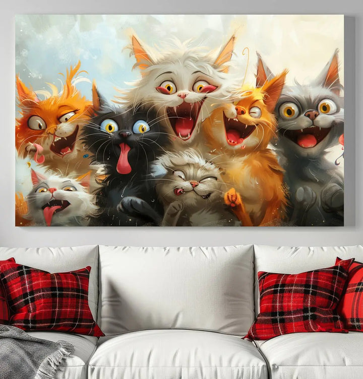 The Pixar Cats Wall Art Canvas Print, featuring a trio of Fanny Cat images in vibrant, comic cartoon style, decorates the space with museum-quality flair.