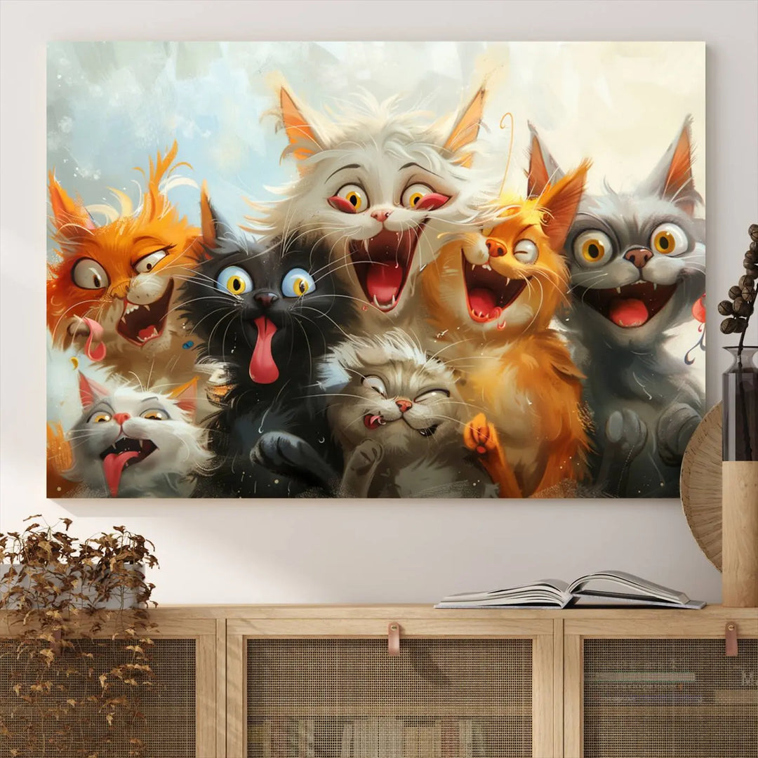 The Pixar Cats Wall Art Canvas Print, featuring a trio of Fanny Cat images in vibrant, comic cartoon style, decorates the space with museum-quality flair.