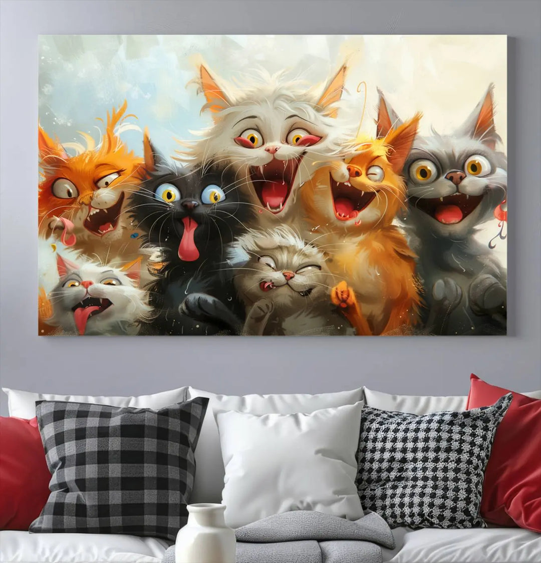 The Pixar Cats Wall Art Canvas Print, featuring a trio of Fanny Cat images in vibrant, comic cartoon style, decorates the space with museum-quality flair.