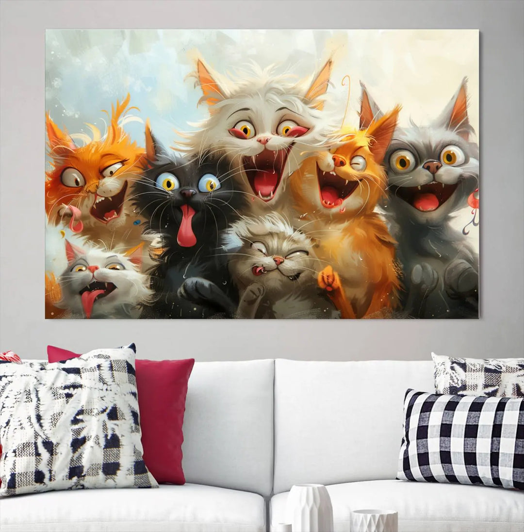 The Pixar Cats Wall Art Canvas Print, featuring a trio of Fanny Cat images in vibrant, comic cartoon style, decorates the space with museum-quality flair.