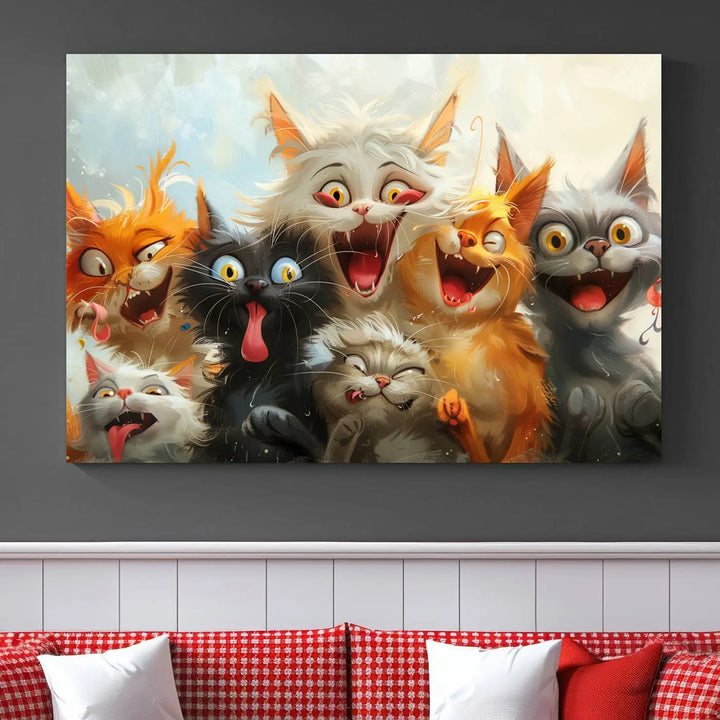 The Pixar Cats Wall Art Canvas Print, featuring a trio of Fanny Cat images in vibrant, comic cartoon style, decorates the space with museum-quality flair.