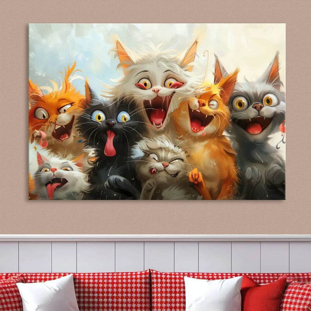 The Pixar Cats Wall Art Canvas Print, featuring a trio of Fanny Cat images in vibrant, comic cartoon style, decorates the space with museum-quality flair.