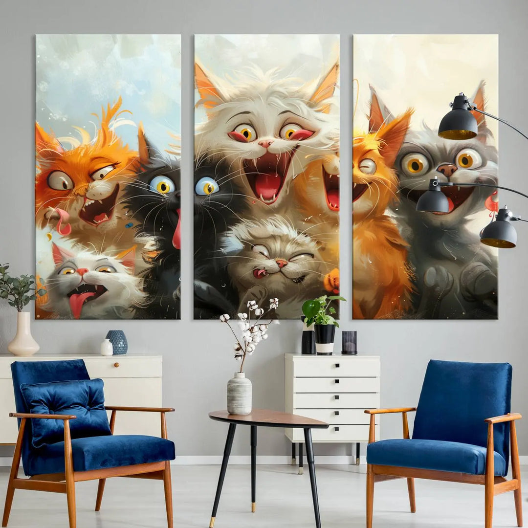 The Pixar Cats Wall Art Canvas Print, featuring a trio of Fanny Cat images in vibrant, comic cartoon style, decorates the space with museum-quality flair.