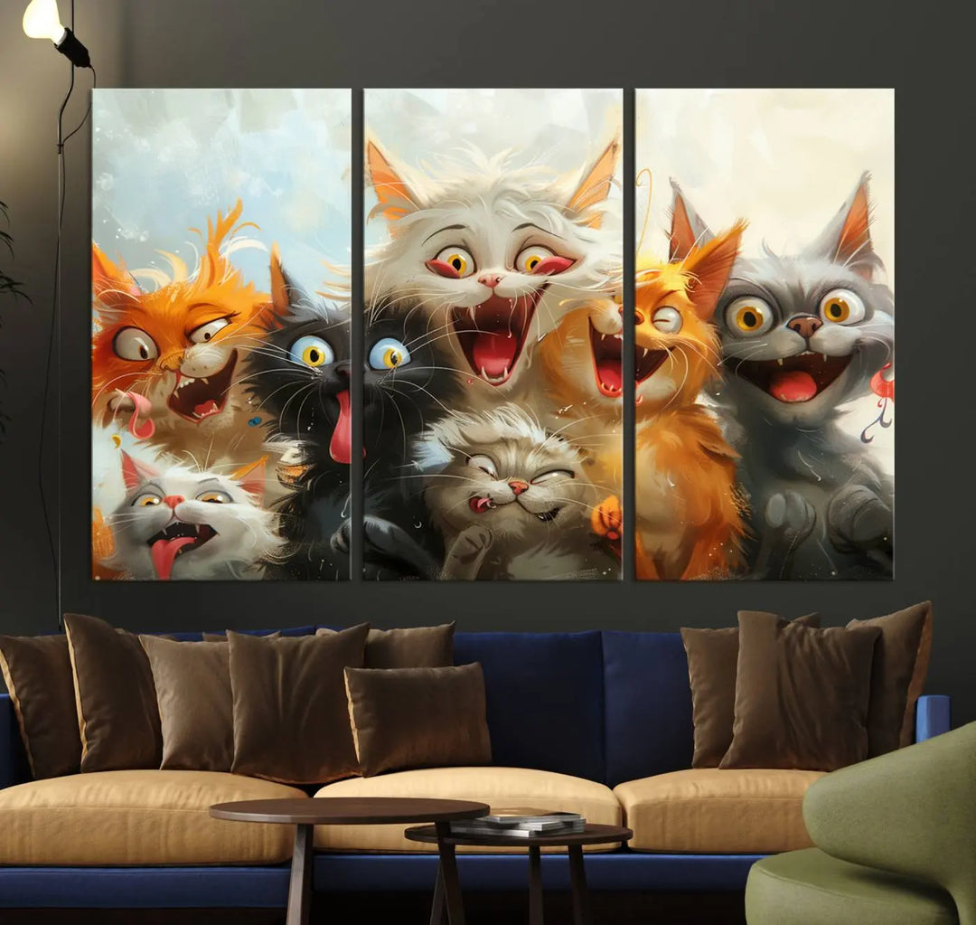 The Pixar Cats Wall Art Canvas Print, featuring a trio of Fanny Cat images in vibrant, comic cartoon style, decorates the space with museum-quality flair.