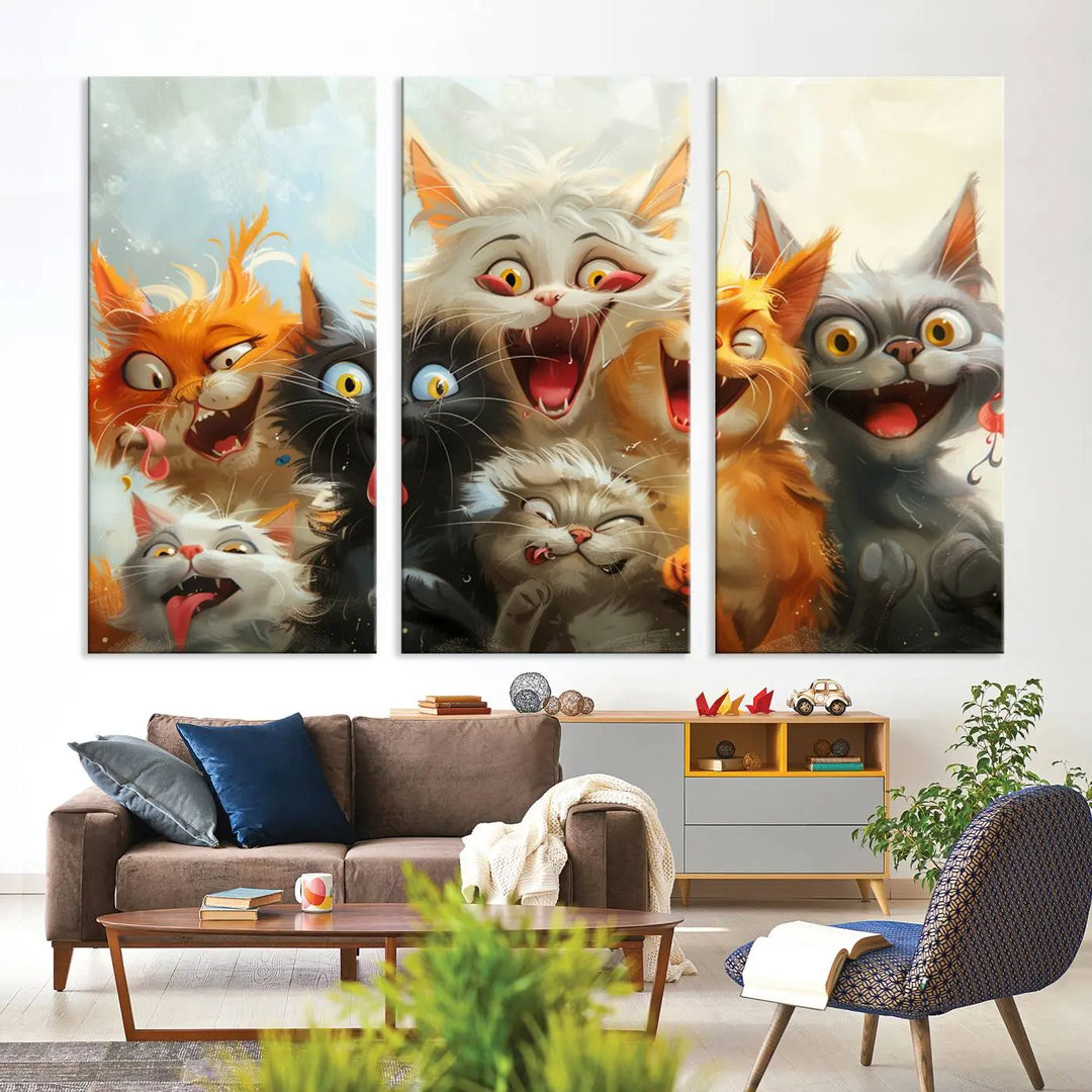 The Pixar Cats Wall Art Canvas Print, featuring a trio of Fanny Cat images in vibrant, comic cartoon style, decorates the space with museum-quality flair.