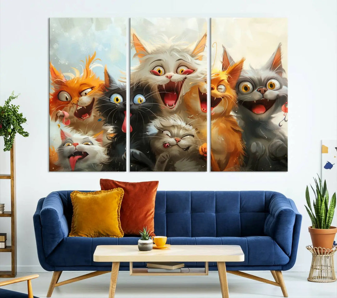 The Pixar Cats Wall Art Canvas Print, featuring a trio of Fanny Cat images in vibrant, comic cartoon style, decorates the space with museum-quality flair.