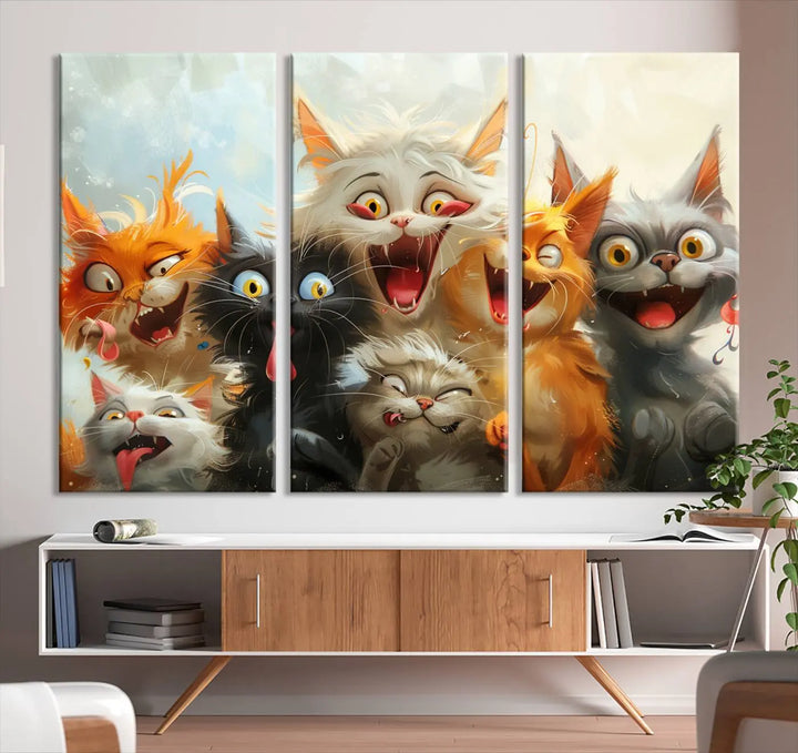 The Pixar Cats Wall Art Canvas Print, featuring a trio of Fanny Cat images in vibrant, comic cartoon style, decorates the space with museum-quality flair.