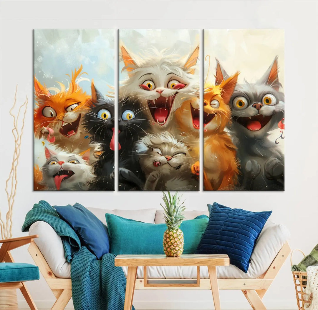 The Pixar Cats Wall Art Canvas Print, featuring a trio of Fanny Cat images in vibrant, comic cartoon style, decorates the space with museum-quality flair.