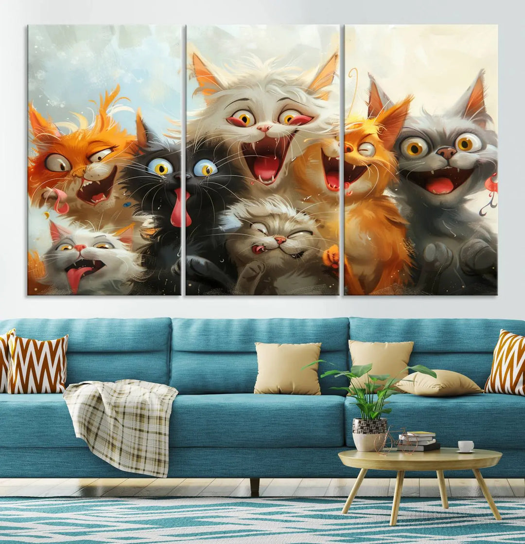 The Pixar Cats Wall Art Canvas Print, featuring a trio of Fanny Cat images in vibrant, comic cartoon style, decorates the space with museum-quality flair.