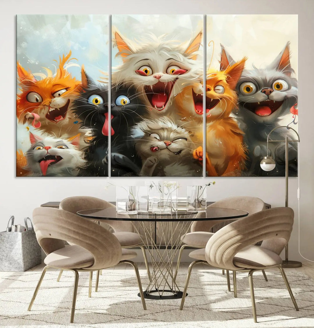 The Pixar Cats Wall Art Canvas Print, featuring a trio of Fanny Cat images in vibrant, comic cartoon style, decorates the space with museum-quality flair.