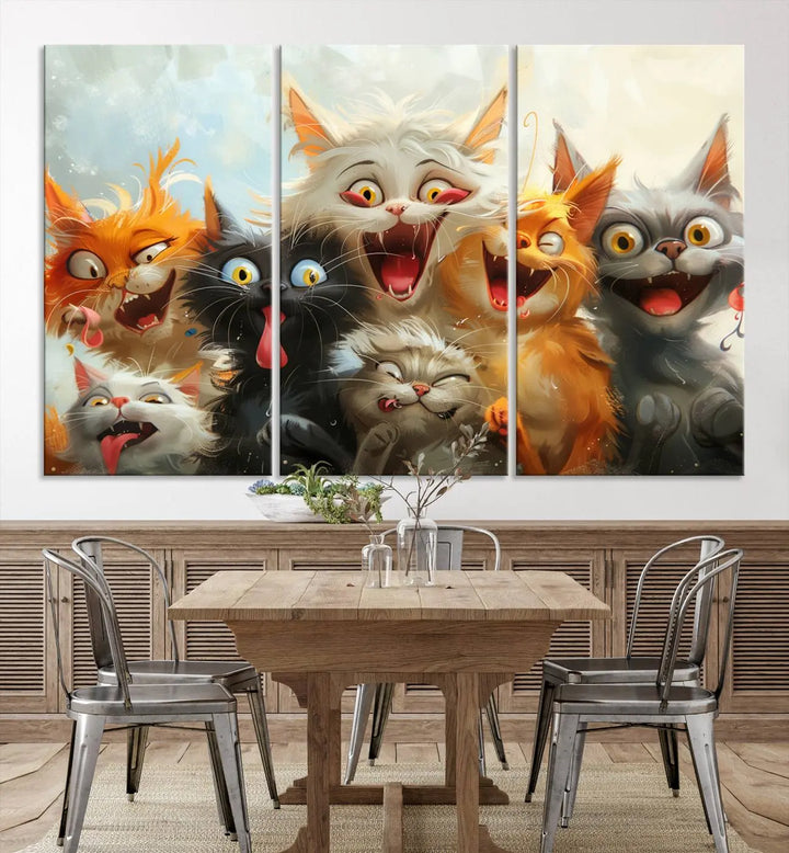 The Pixar Cats Wall Art Canvas Print, featuring a trio of Fanny Cat images in vibrant, comic cartoon style, decorates the space with museum-quality flair.