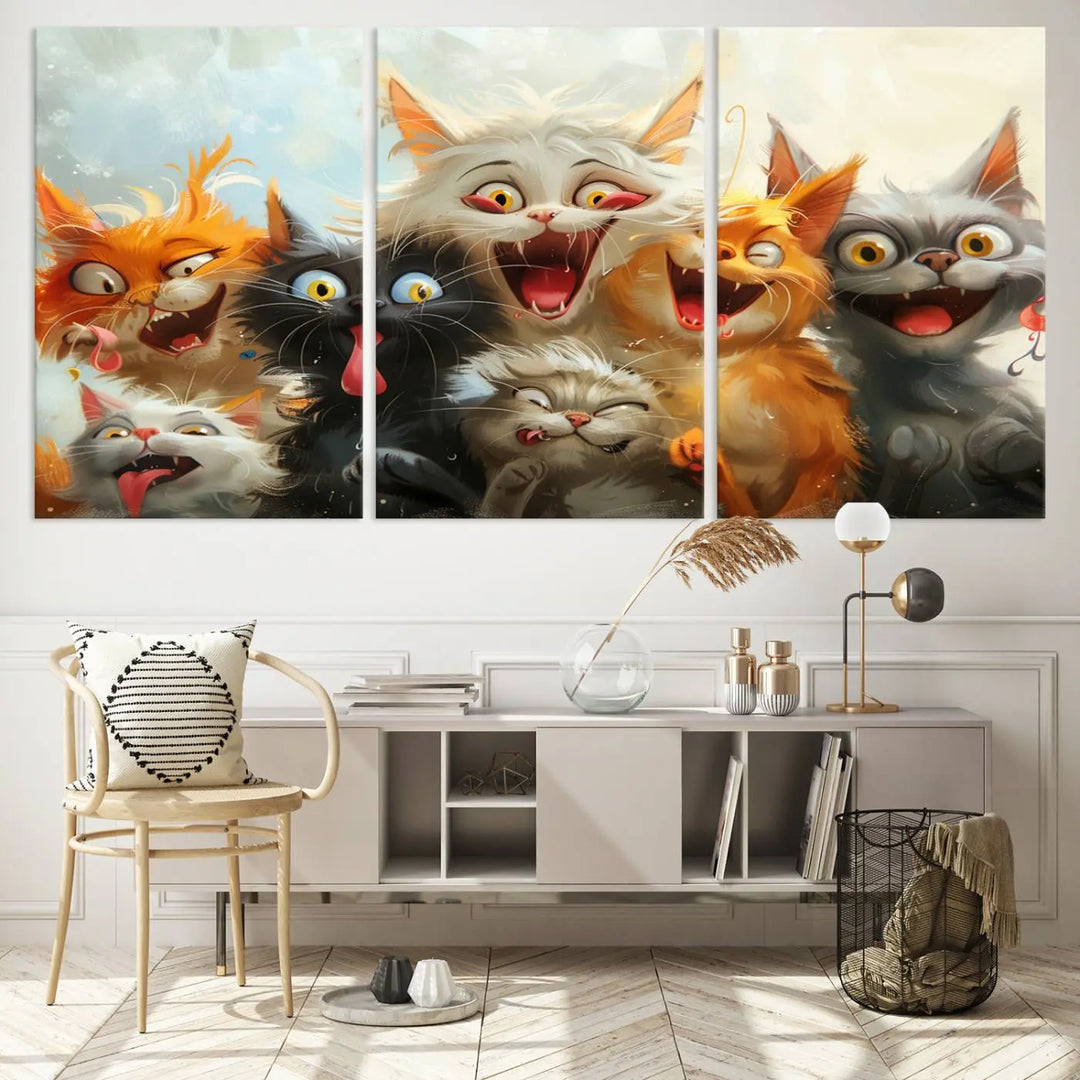 The Pixar Cats Wall Art Canvas Print, featuring a trio of Fanny Cat images in vibrant, comic cartoon style, decorates the space with museum-quality flair.