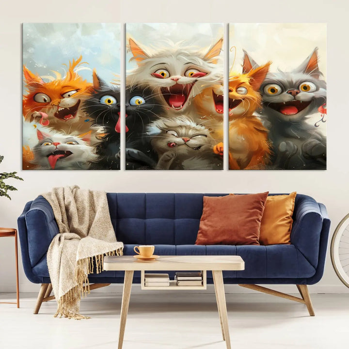 The Pixar Cats Wall Art Canvas Print, featuring a trio of Fanny Cat images in vibrant, comic cartoon style, decorates the space with museum-quality flair.