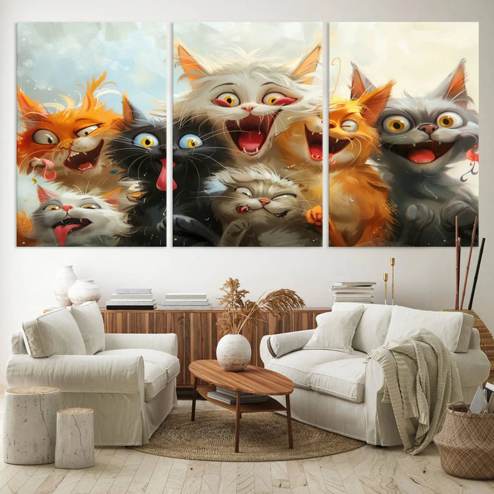 The Pixar Cats Wall Art Canvas Print, featuring a trio of Fanny Cat images in vibrant, comic cartoon style, decorates the space with museum-quality flair.