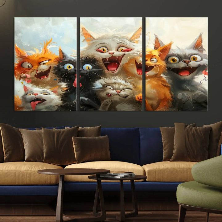 The Pixar Cats Wall Art Canvas Print, featuring a trio of Fanny Cat images in vibrant, comic cartoon style, decorates the space with museum-quality flair.