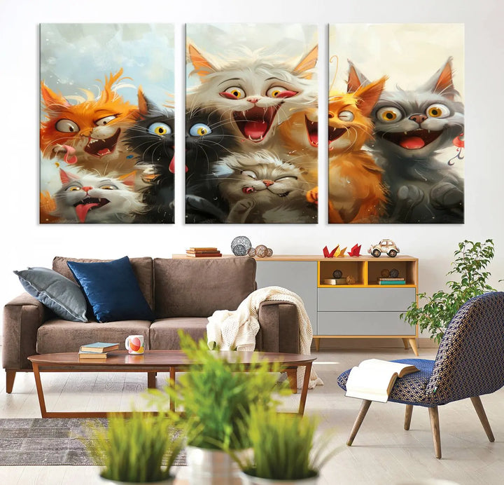 The Pixar Cats Wall Art Canvas Print, featuring a trio of Fanny Cat images in vibrant, comic cartoon style, decorates the space with museum-quality flair.