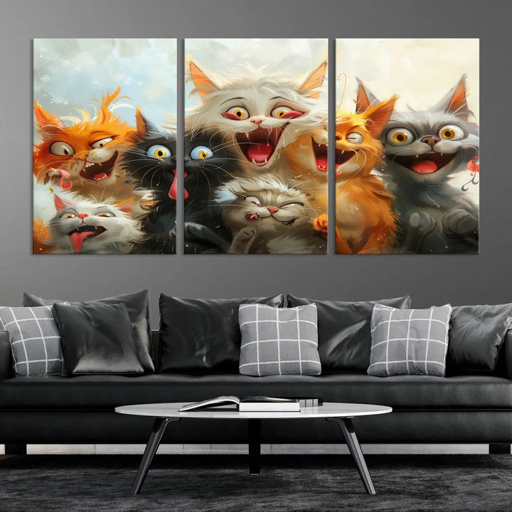 The Pixar Cats Wall Art Canvas Print, featuring a trio of Fanny Cat images in vibrant, comic cartoon style, decorates the space with museum-quality flair.