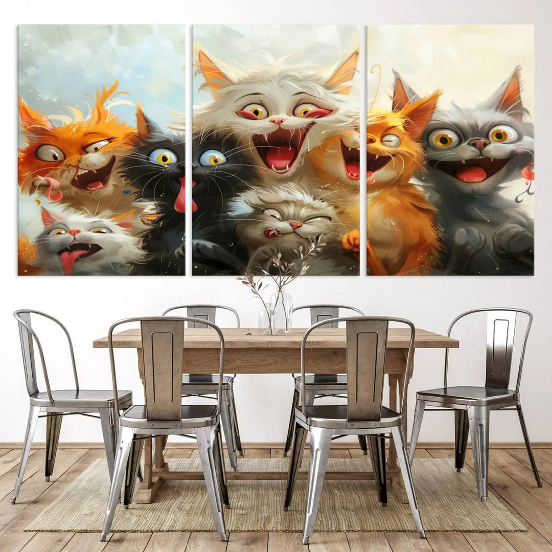 The Pixar Cats Wall Art Canvas Print, featuring a trio of Fanny Cat images in vibrant, comic cartoon style, decorates the space with museum-quality flair.