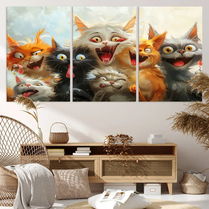 The Pixar Cats Wall Art Canvas Print, featuring a trio of Fanny Cat images in vibrant, comic cartoon style, decorates the space with museum-quality flair.