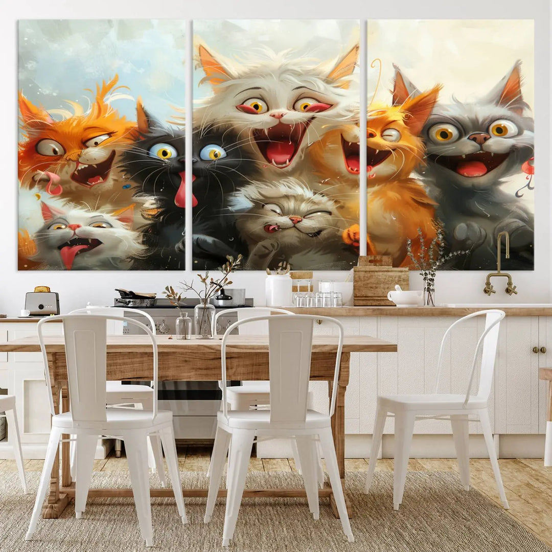 The Pixar Cats Wall Art Canvas Print, featuring a trio of Fanny Cat images in vibrant, comic cartoon style, decorates the space with museum-quality flair.