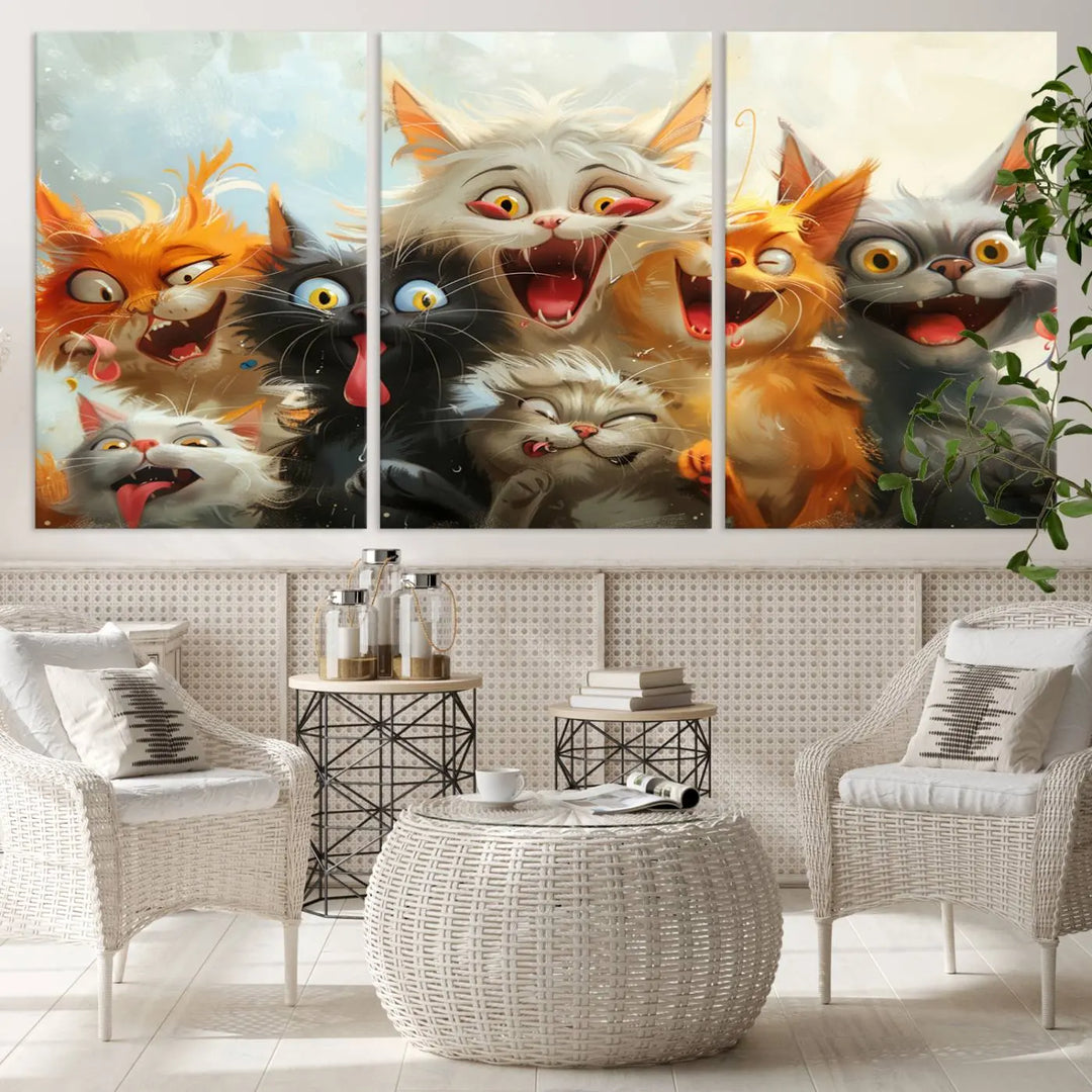 The Pixar Cats Wall Art Canvas Print, featuring a trio of Fanny Cat images in vibrant, comic cartoon style, decorates the space with museum-quality flair.