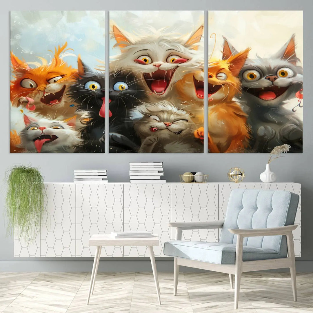 The Pixar Cats Wall Art Canvas Print, featuring a trio of Fanny Cat images in vibrant, comic cartoon style, decorates the space with museum-quality flair.