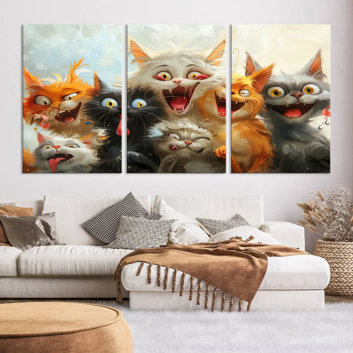 The Pixar Cats Wall Art Canvas Print, featuring a trio of Fanny Cat images in vibrant, comic cartoon style, decorates the space with museum-quality flair.