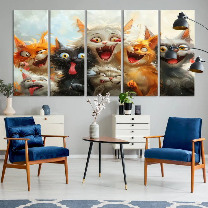 The Pixar Cats Wall Art Canvas Print, featuring a trio of Fanny Cat images in vibrant, comic cartoon style, decorates the space with museum-quality flair.