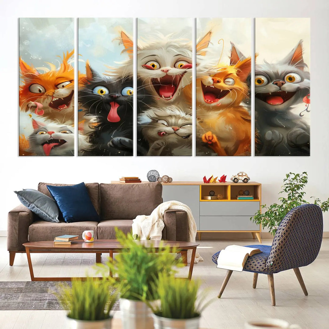 The Pixar Cats Wall Art Canvas Print, featuring a trio of Fanny Cat images in vibrant, comic cartoon style, decorates the space with museum-quality flair.