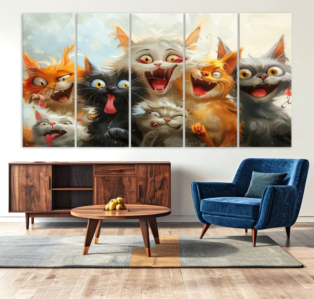 The Pixar Cats Wall Art Canvas Print, featuring a trio of Fanny Cat images in vibrant, comic cartoon style, decorates the space with museum-quality flair.