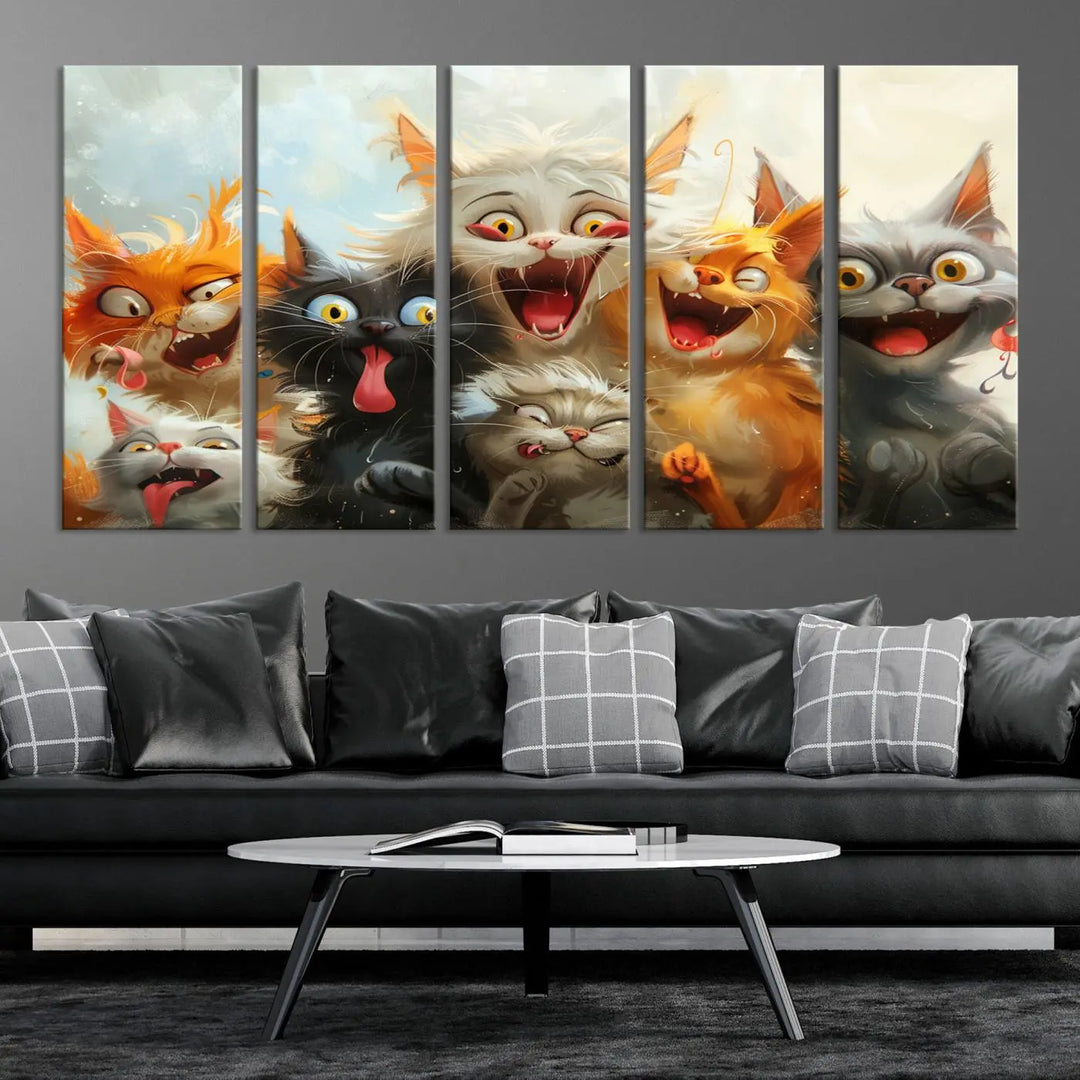 The Pixar Cats Wall Art Canvas Print, featuring a trio of Fanny Cat images in vibrant, comic cartoon style, decorates the space with museum-quality flair.