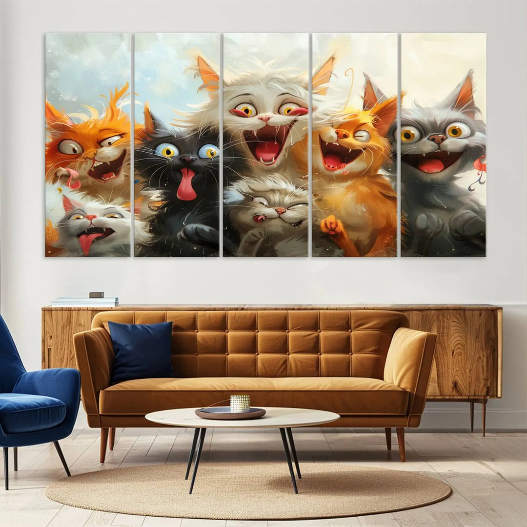 The Pixar Cats Wall Art Canvas Print, featuring a trio of Fanny Cat images in vibrant, comic cartoon style, decorates the space with museum-quality flair.