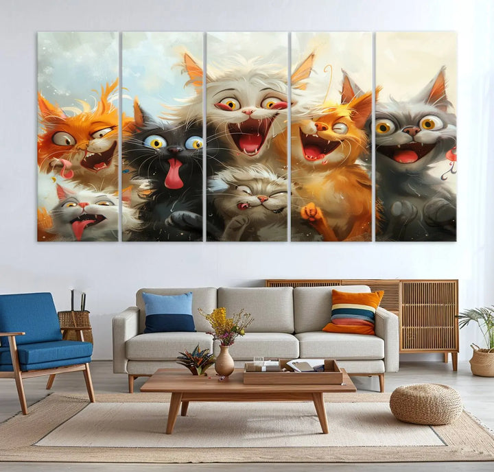 The Pixar Cats Wall Art Canvas Print, featuring a trio of Fanny Cat images in vibrant, comic cartoon style, decorates the space with museum-quality flair.