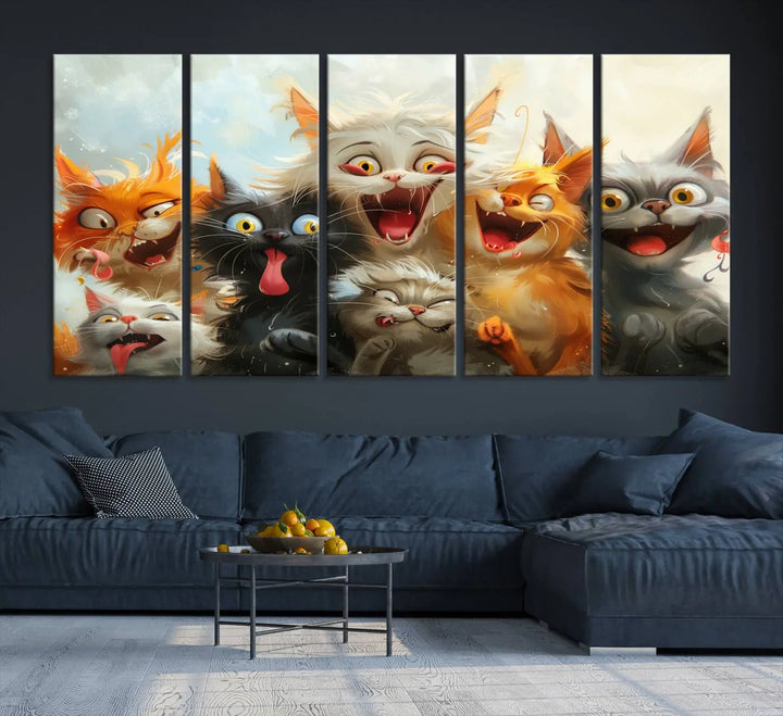 The Pixar Cats Wall Art Canvas Print, featuring a trio of Fanny Cat images in vibrant, comic cartoon style, decorates the space with museum-quality flair.