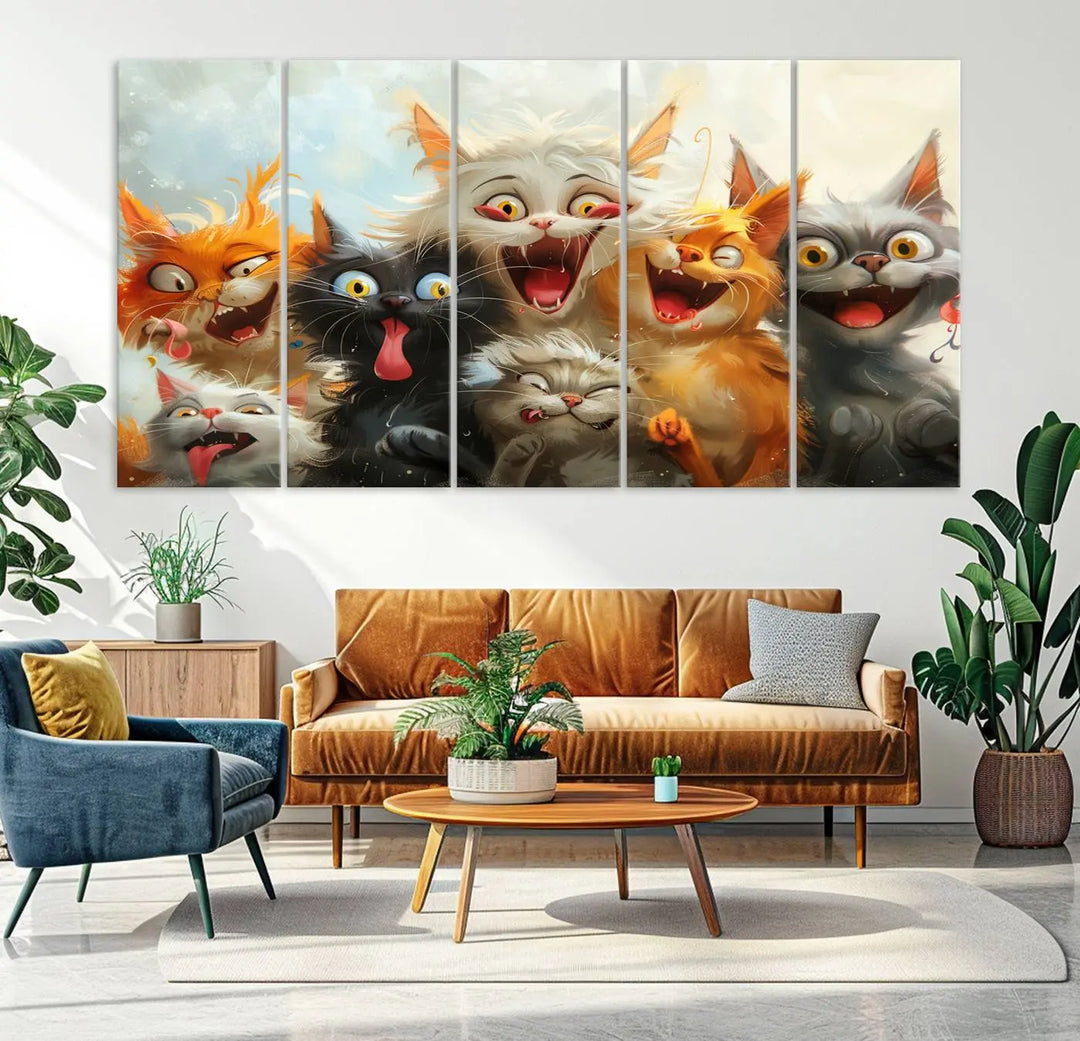 The Pixar Cats Wall Art Canvas Print, featuring a trio of Fanny Cat images in vibrant, comic cartoon style, decorates the space with museum-quality flair.