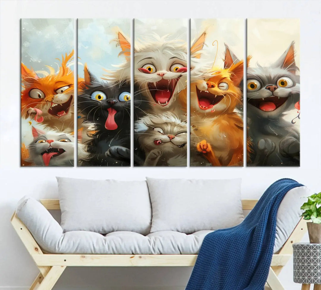 The Pixar Cats Wall Art Canvas Print, featuring a trio of Fanny Cat images in vibrant, comic cartoon style, decorates the space with museum-quality flair.