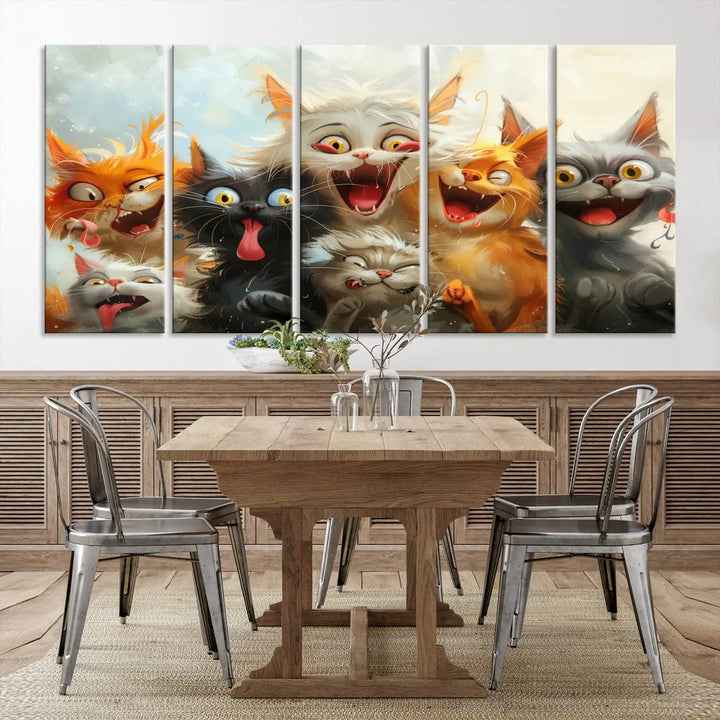 The Pixar Cats Wall Art Canvas Print, featuring a trio of Fanny Cat images in vibrant, comic cartoon style, decorates the space with museum-quality flair.