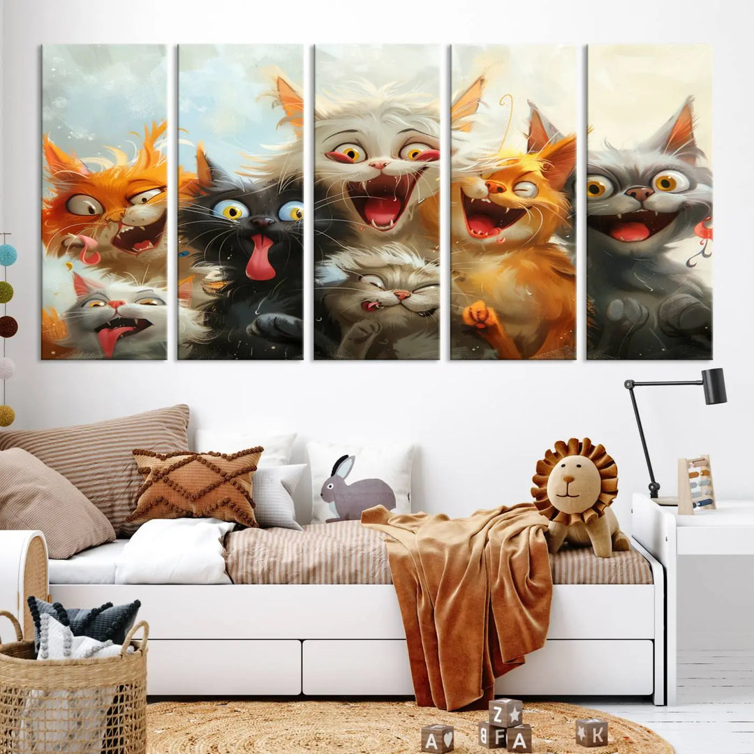 The Pixar Cats Wall Art Canvas Print, featuring a trio of Fanny Cat images in vibrant, comic cartoon style, decorates the space with museum-quality flair.