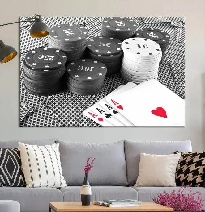 The "Poker Game Cards Multi Panel Wall Art Canvas Print" elegantly hangs above, serving as a striking focal point.