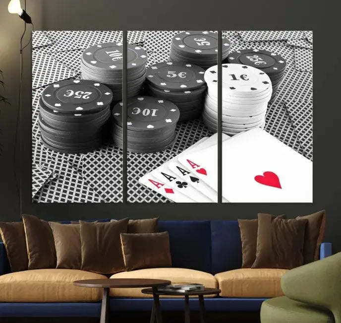 The "Poker Game Cards Multi Panel Wall Art Canvas Print" elegantly hangs above, serving as a striking focal point.